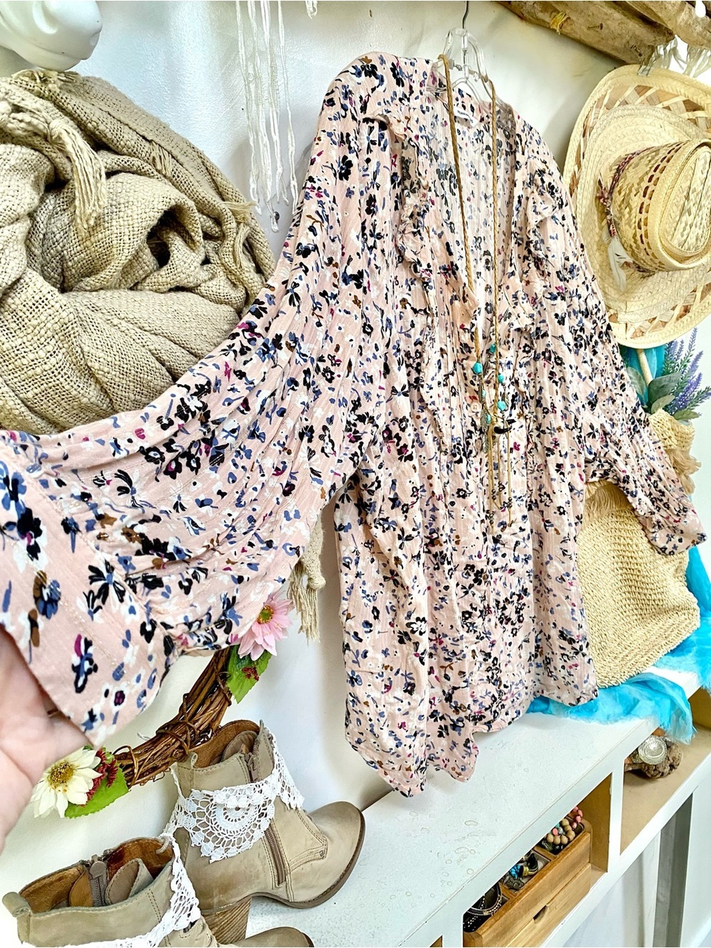 Blush peasant Floral V-Neck boho silver sparkle Blouse cottagecore prairie vibe